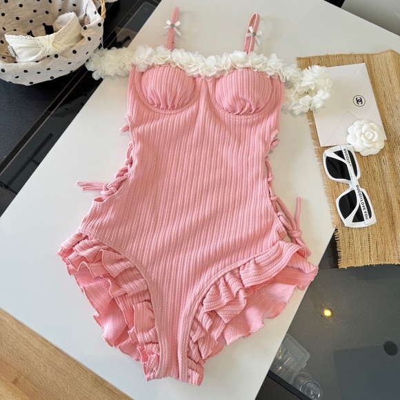 Miu Miu Other - Miu Miu Pink Ruffle One-Piece Swimsuit with Floral Trim